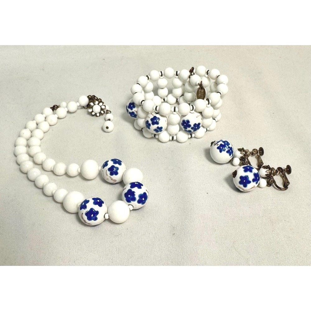 Miriam Haskell Necklace, bracelet &  earrings,  white beads‎ hand painted floral